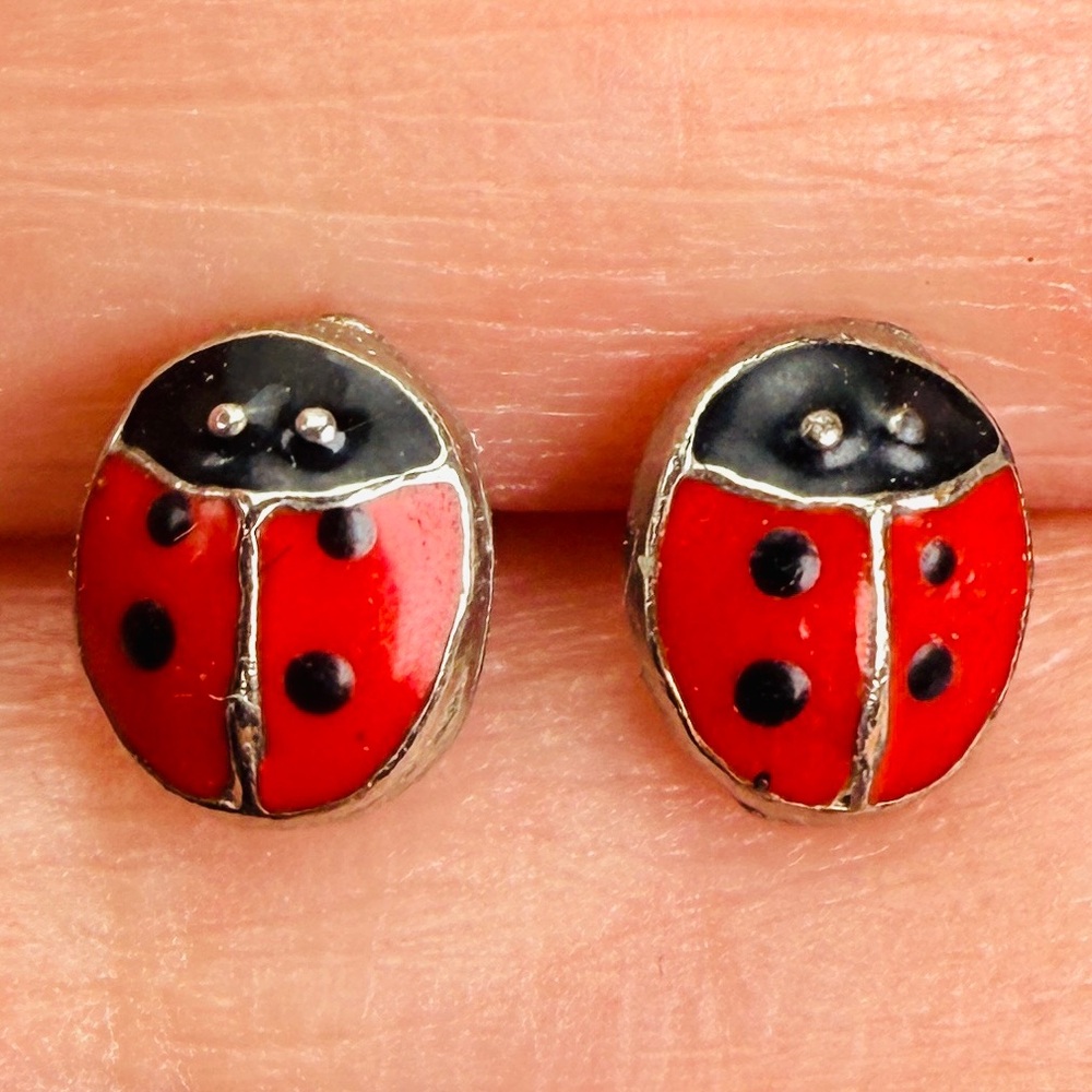 Charming Tiny Red Black Silvertone Ladybug Stud P… - image 4